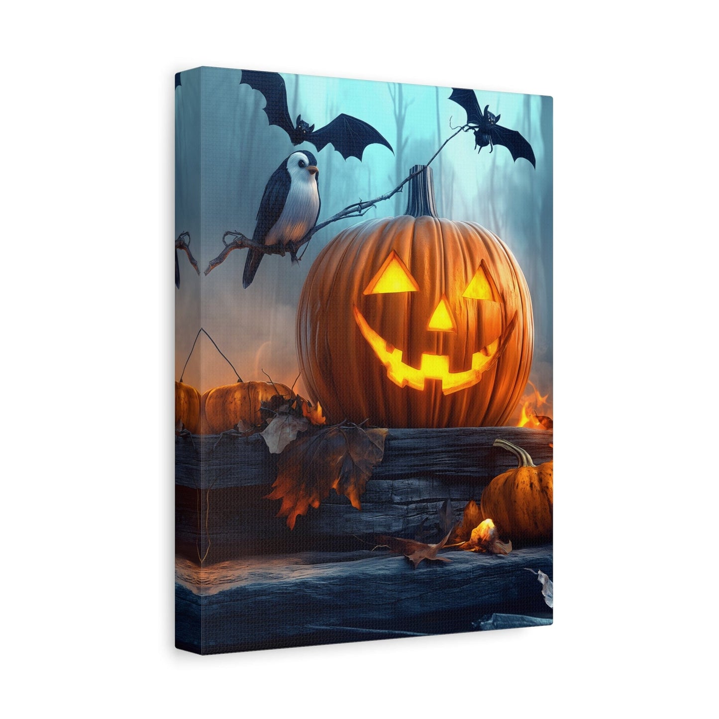 Halloween Canvas Art, Spooky Pumpkin Wall Decor, Fall Home Décor, Autumn Decoration, Bat and Crow Illustration