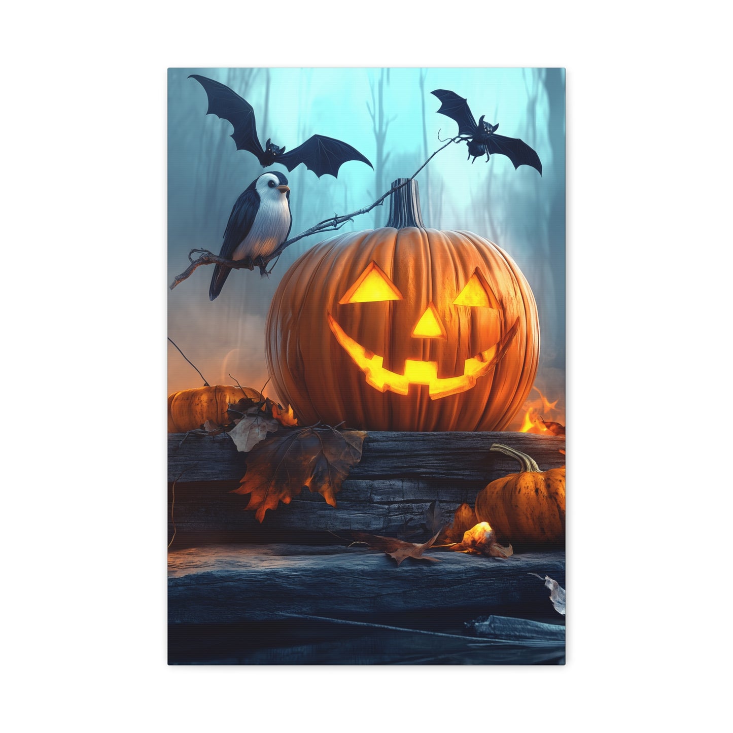 Halloween Canvas Art, Spooky Pumpkin Wall Decor, Fall Home Décor, Autumn Decoration, Bat and Crow Illustration