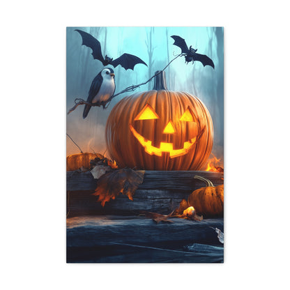 Halloween Canvas Art, Spooky Pumpkin Wall Decor, Fall Home Décor, Autumn Decoration, Bat and Crow Illustration