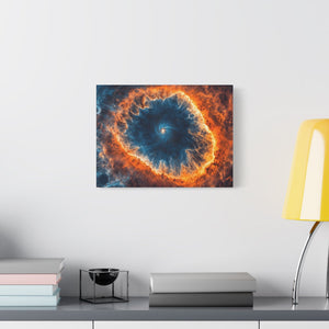 Celestial Canvas Wall Art featuring a vibrant galaxy print with vivid blue and fiery orange cosmic swirls