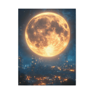 Stretched Canvas Art, Moonlit Cityscape, Home Decor, Starry Night Wall Art, Unique Gift for Moon Lovers