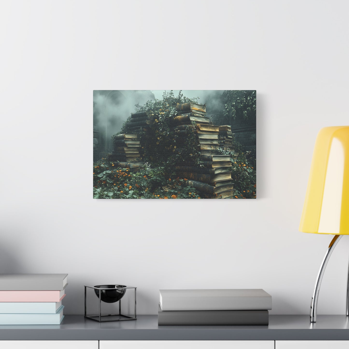 Mystical Book Stack Canvas Art, Enchanted Wall Decor, Literary Home Decor, Cozy Living Room Art, Nature Aesthetic