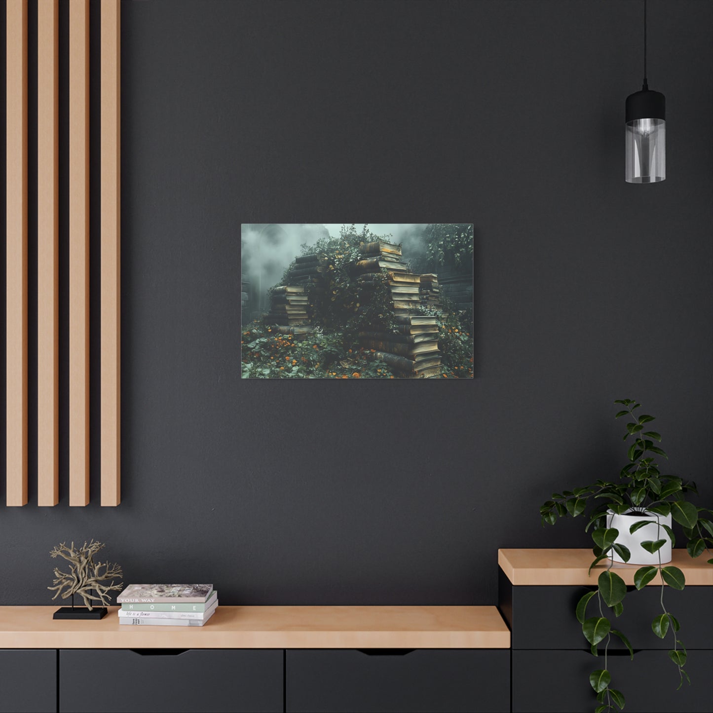 Mystical Book Stack Canvas Art, Enchanted Wall Decor, Literary Home Decor, Cozy Living Room Art, Nature Aesthetic