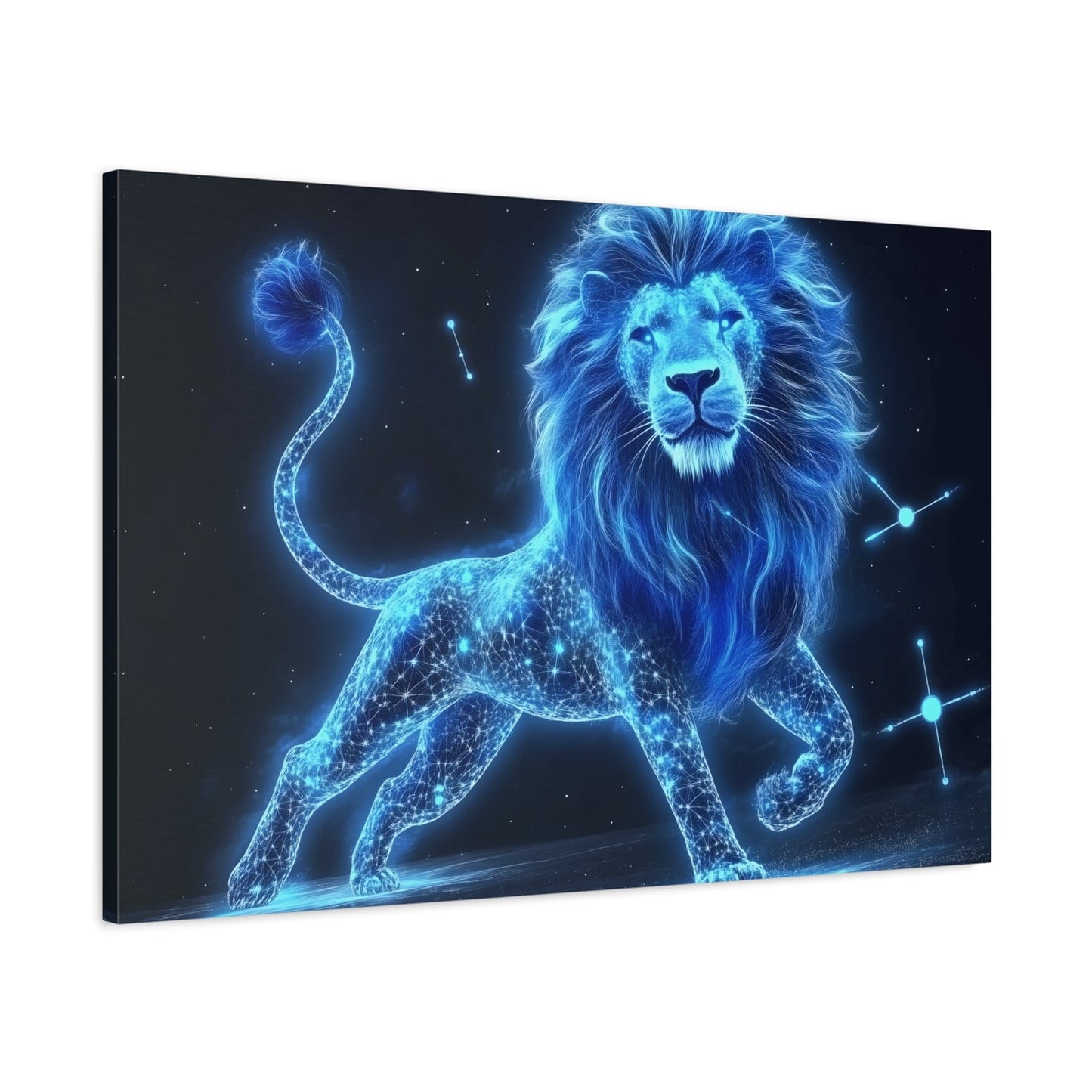 Celestial Lion Canvas Art, Cosmic Decor, Starry Night Wall Art, Gift for Animal Lovers, Home Office Decor, Vibrant Blue Canvas