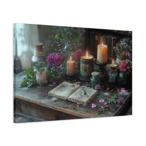 Stretched canvas wall art with vintage floral arrangement and candlelight décor for cozy living room ambiance