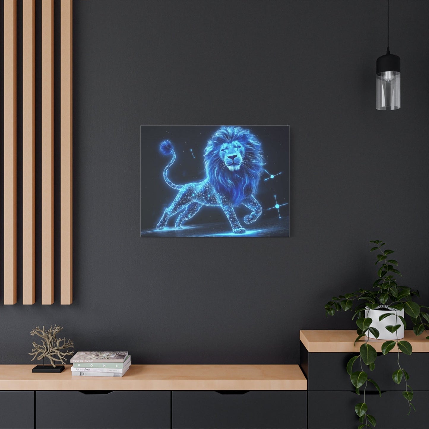 Celestial Lion Canvas Art, Cosmic Decor, Starry Night Wall Art, Gift for Animal Lovers, Home Office Decor, Vibrant Blue Canvas