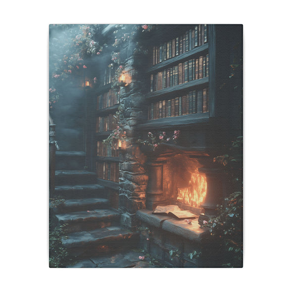 Enchanted Library Canvas Art, Cozy Fireplace Wall Décor, Fantasy-Inspired Book Nook, Magical Home Décor