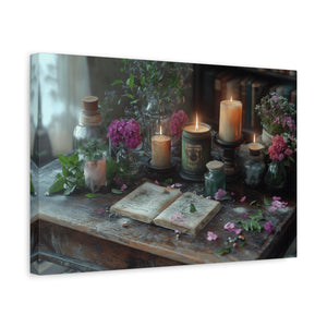 Stretched canvas wall art with vintage floral arrangement and candlelight décor for cozy living room ambiance