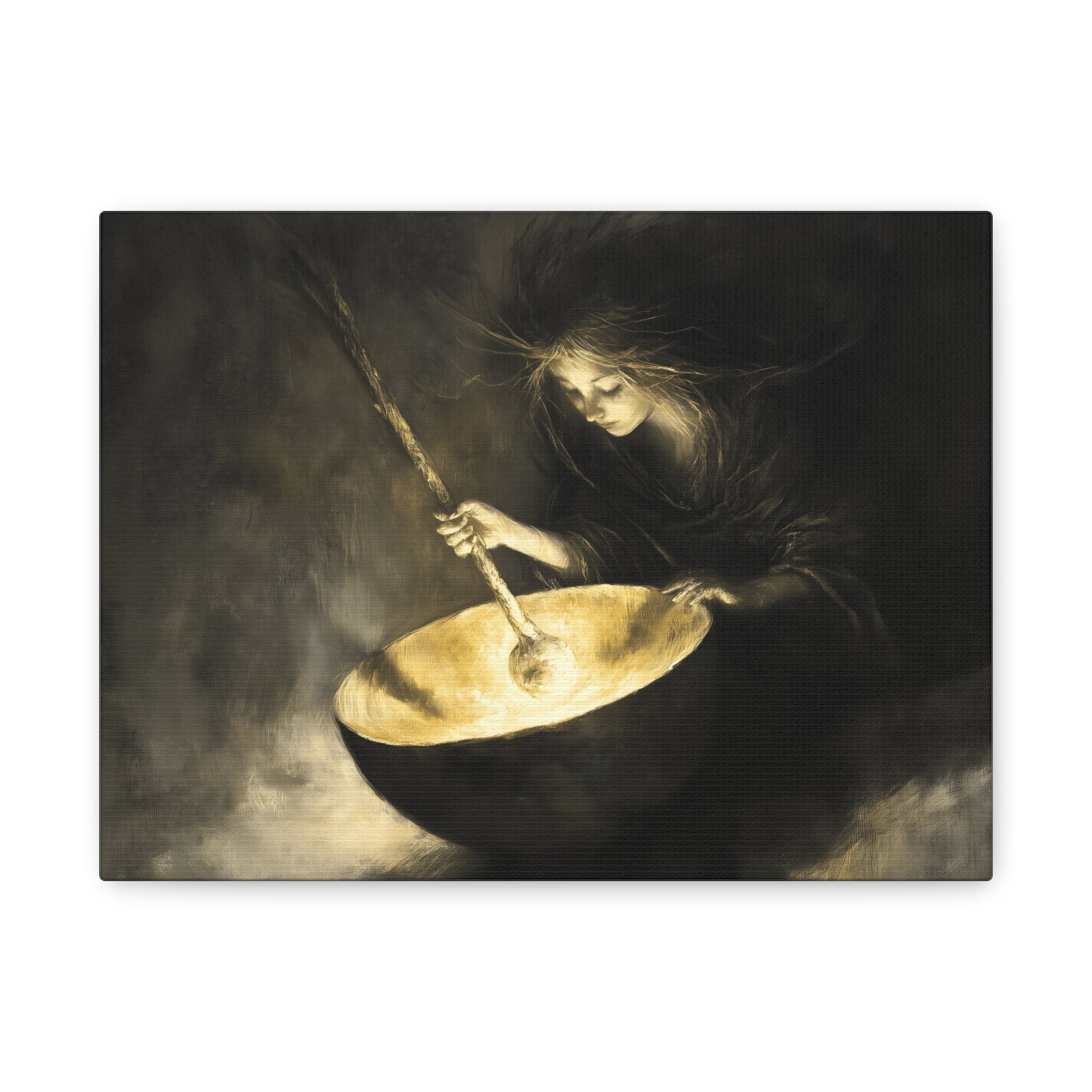 Mystical Canvas Art: Enchanting Witch in Black and Gold, Fantasy Wall Decor, Home & Kitchen Art, Unique Gift for Occasions