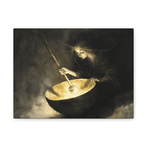 Mystical Canvas Art: Enchanting Witch in Black and Gold, Fantasy Wall Decor, Home & Kitchen Art, Unique Gift for Occasions