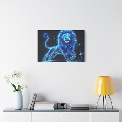 Celestial Lion Canvas Art, Cosmic Decor, Starry Night Wall Art, Gift for Animal Lovers, Home Office Decor, Vibrant Blue Canvas