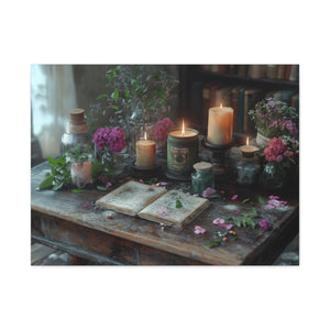 Stretched canvas wall art with vintage floral arrangement and candlelight décor for cozy living room ambiance