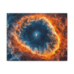 Celestial Canvas Wall Art featuring a vibrant galaxy print with vivid blue and fiery orange cosmic swirls