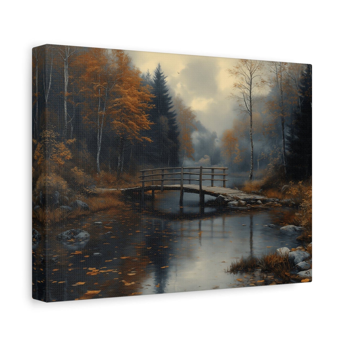 Autumn Landscape Canvas Print, Nature Art for Home Decor, Rustic Wall Art, Fall Decor, Bridge and River Painting