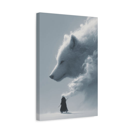 Fantasy Wall Art Print, Matte Canvas, Stretched Canvas Artwork, Wolf and Sorcerer Decor, Cloud Art, Home Decor for Animal Lovers