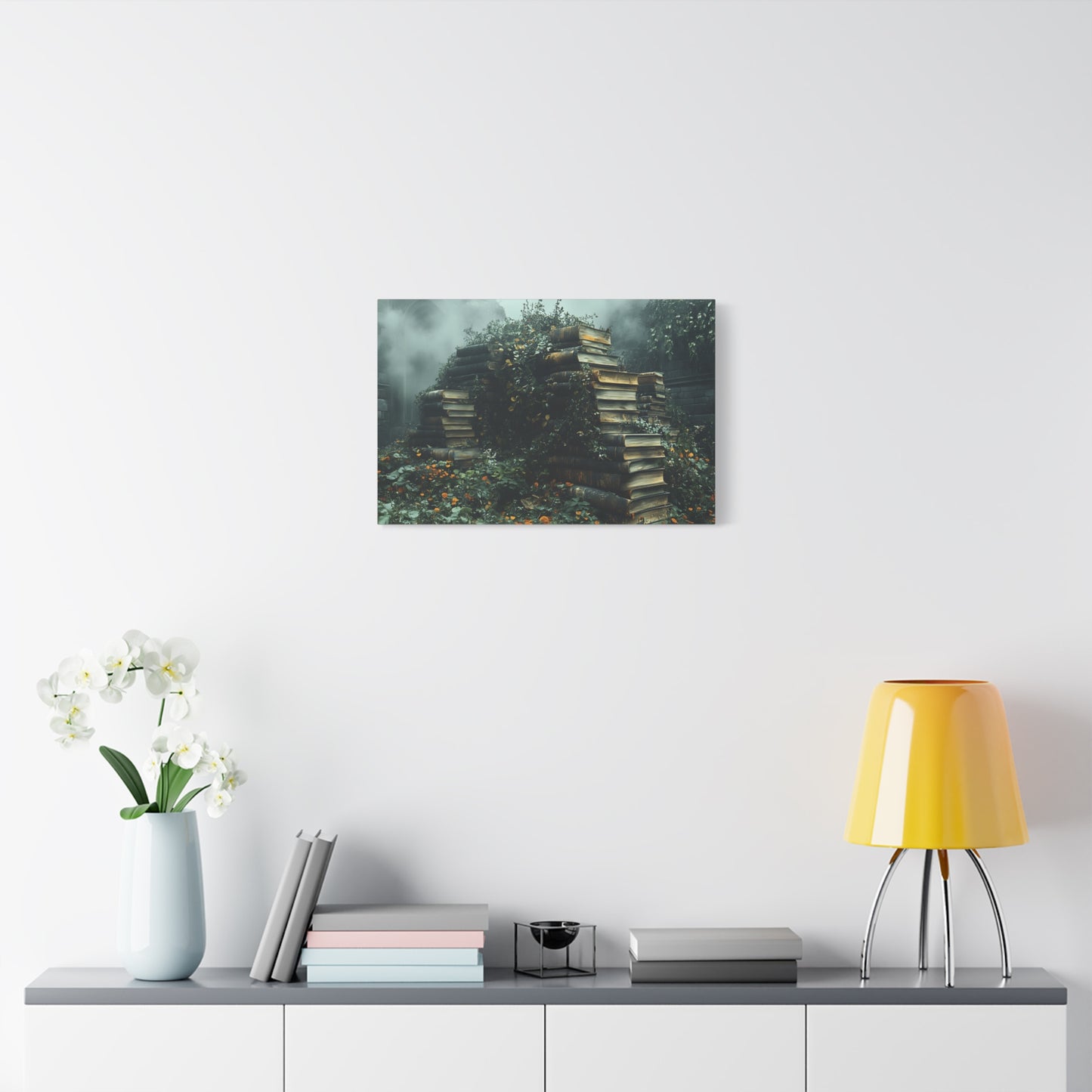 Mystical Book Stack Canvas Art, Enchanted Wall Decor, Literary Home Decor, Cozy Living Room Art, Nature Aesthetic