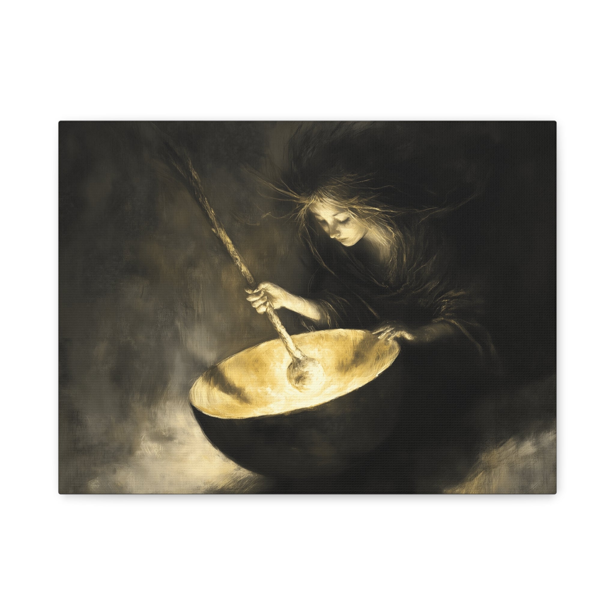 Mystical Canvas Art: Enchanting Witch in Black and Gold, Fantasy Wall Decor, Home & Kitchen Art, Unique Gift for Occasions