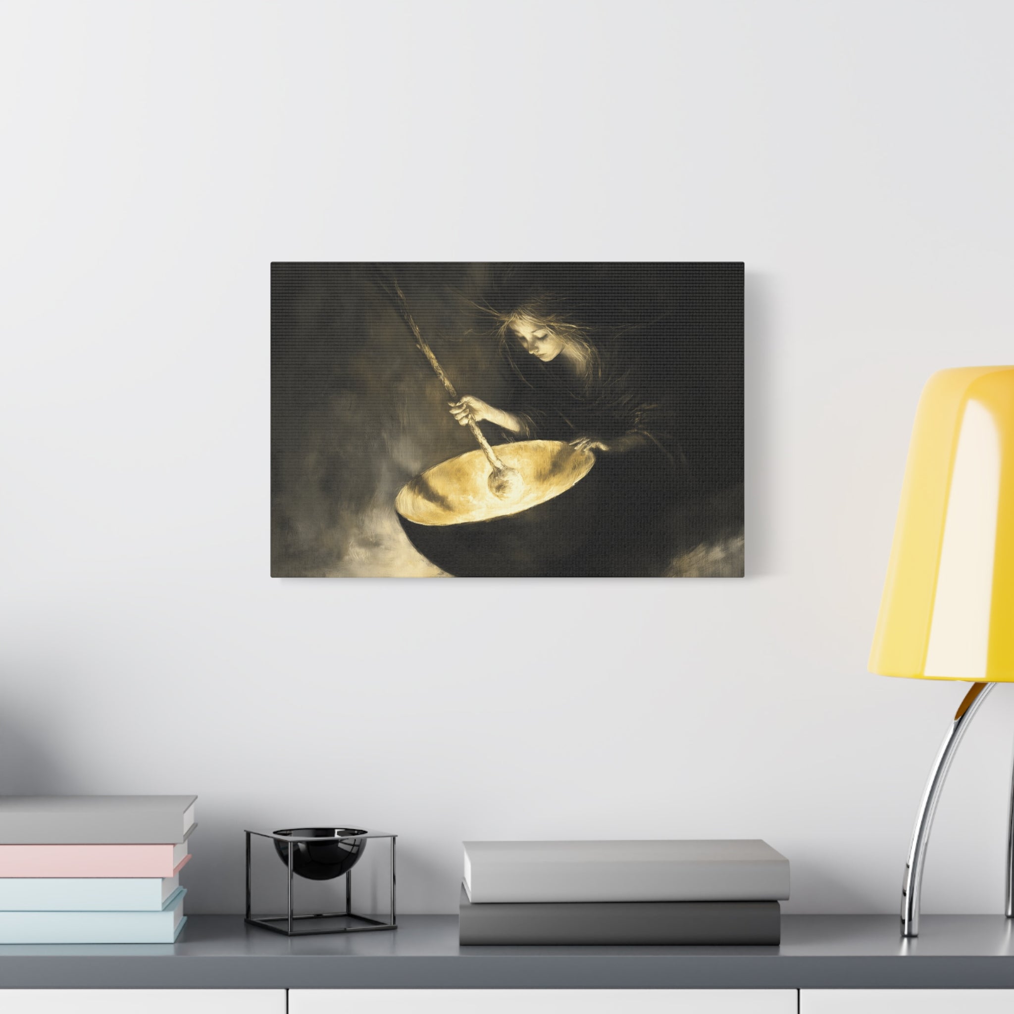 Mystical Canvas Art: Enchanting Witch in Black and Gold, Fantasy Wall Decor, Home & Kitchen Art, Unique Gift for Occasions