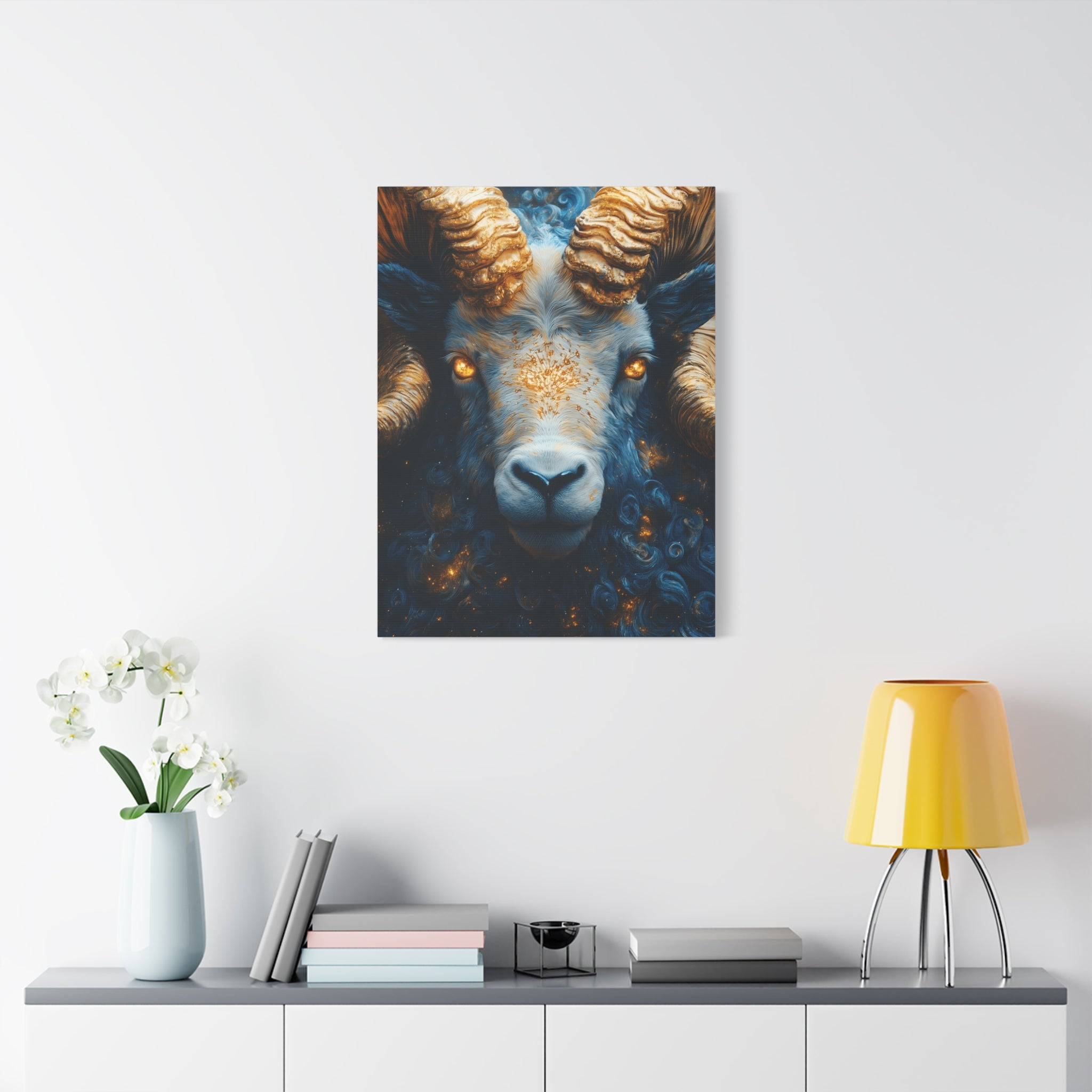 Stretched Canvas Wall Art Featuring Mystical Ram Design, Perfect for Home Decor, Art Lovers, Nature Enthusiasts, Gift Idea