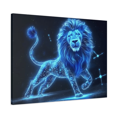 Celestial Lion Canvas Art, Cosmic Decor, Starry Night Wall Art, Gift for Animal Lovers, Home Office Decor, Vibrant Blue Canvas