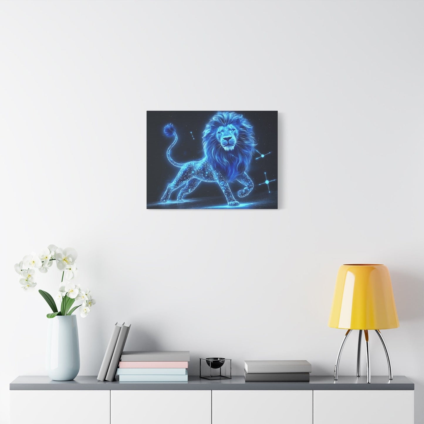 Celestial Lion Canvas Art, Cosmic Decor, Starry Night Wall Art, Gift for Animal Lovers, Home Office Decor, Vibrant Blue Canvas