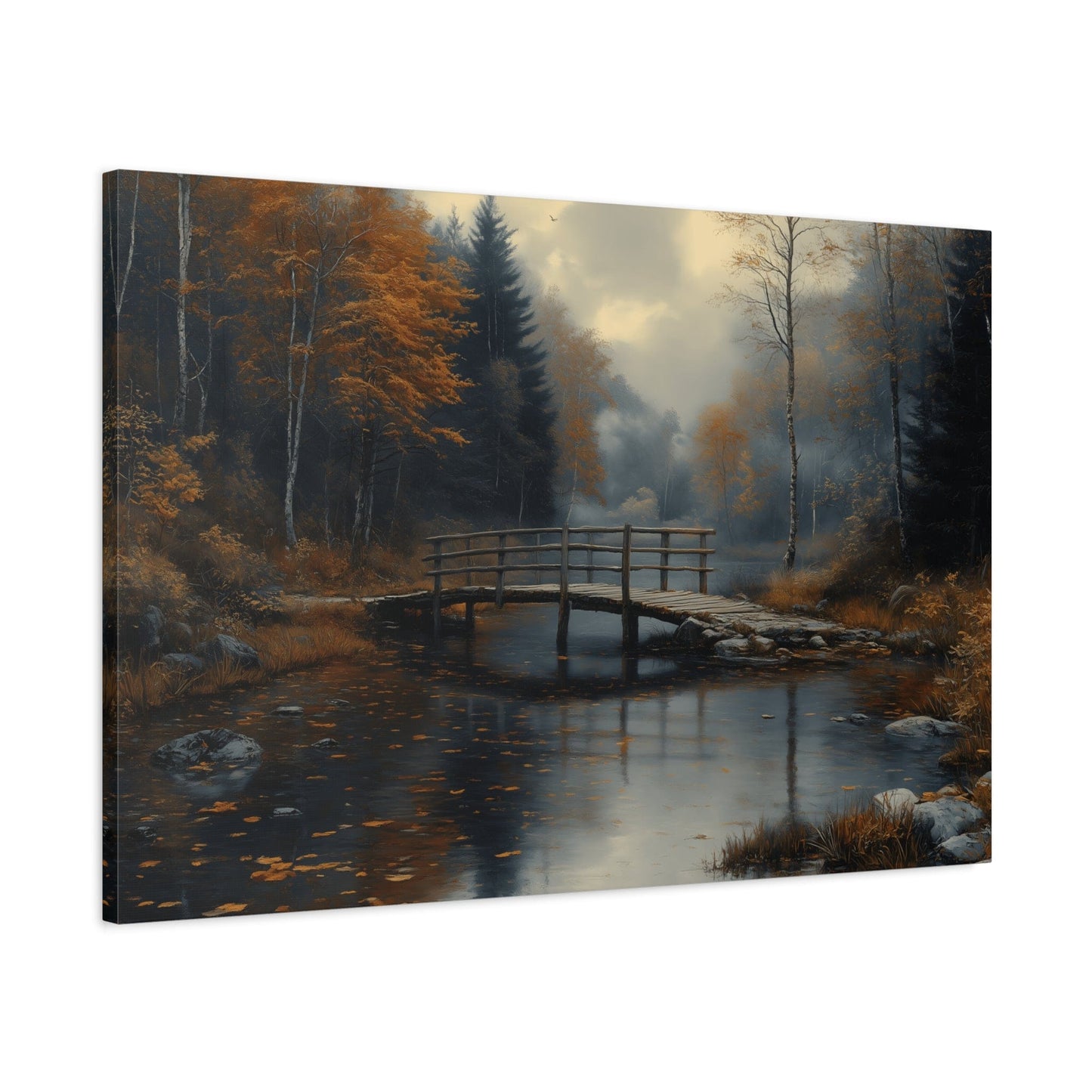 Autumn Landscape Canvas Print, Nature Art for Home Decor, Rustic Wall Art, Fall Decor, Bridge and River Painting