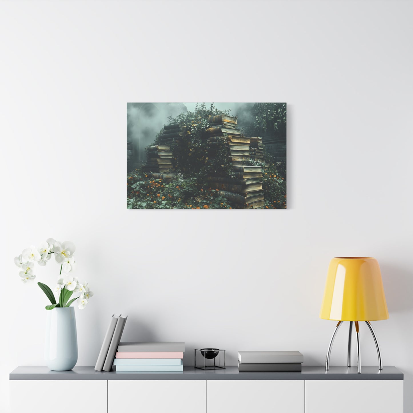 Mystical Book Stack Canvas Art, Enchanted Wall Decor, Literary Home Decor, Cozy Living Room Art, Nature Aesthetic